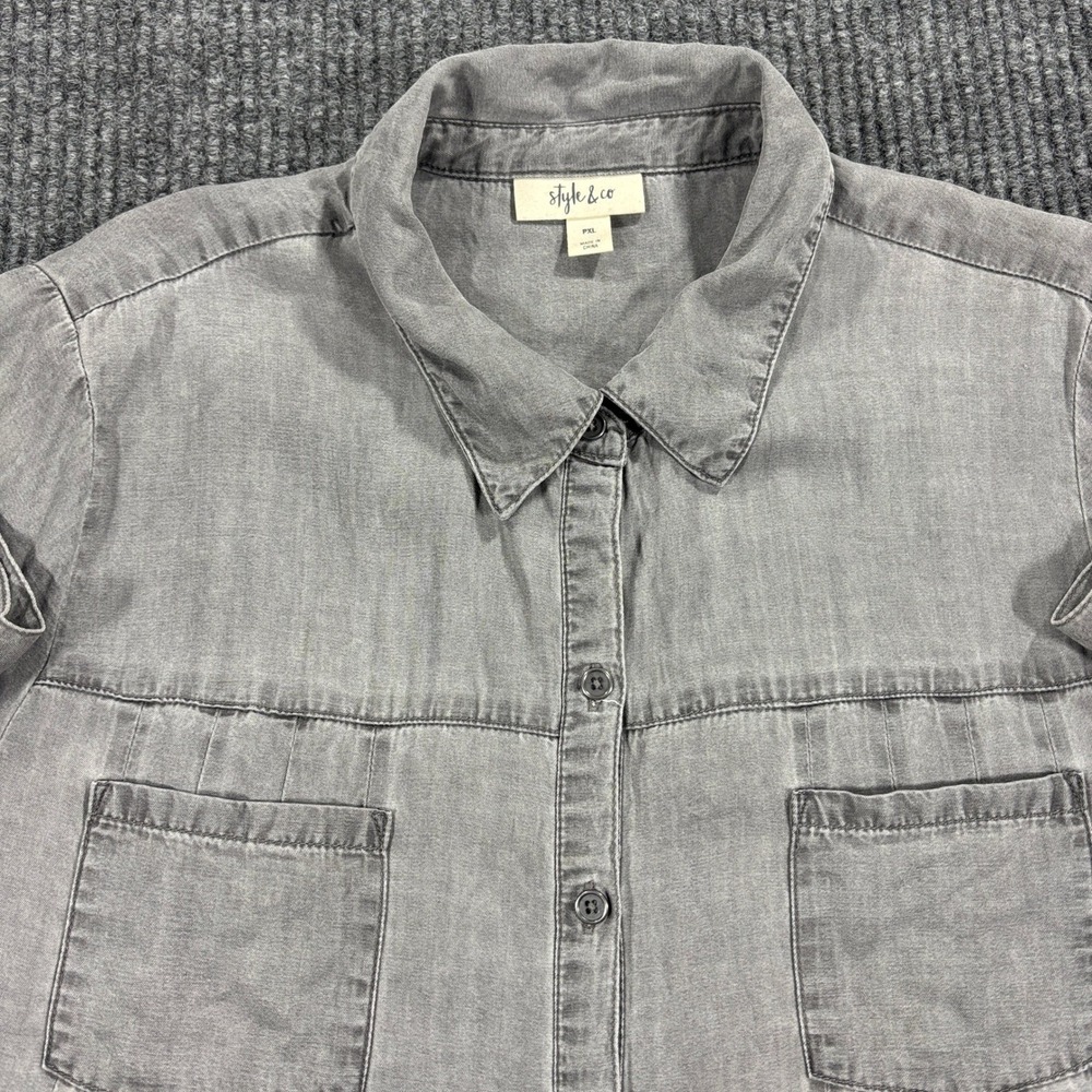 Style & Co Button Down Shirt Women PXL Grey Lyocell Pleated Front RollTab Sleeve